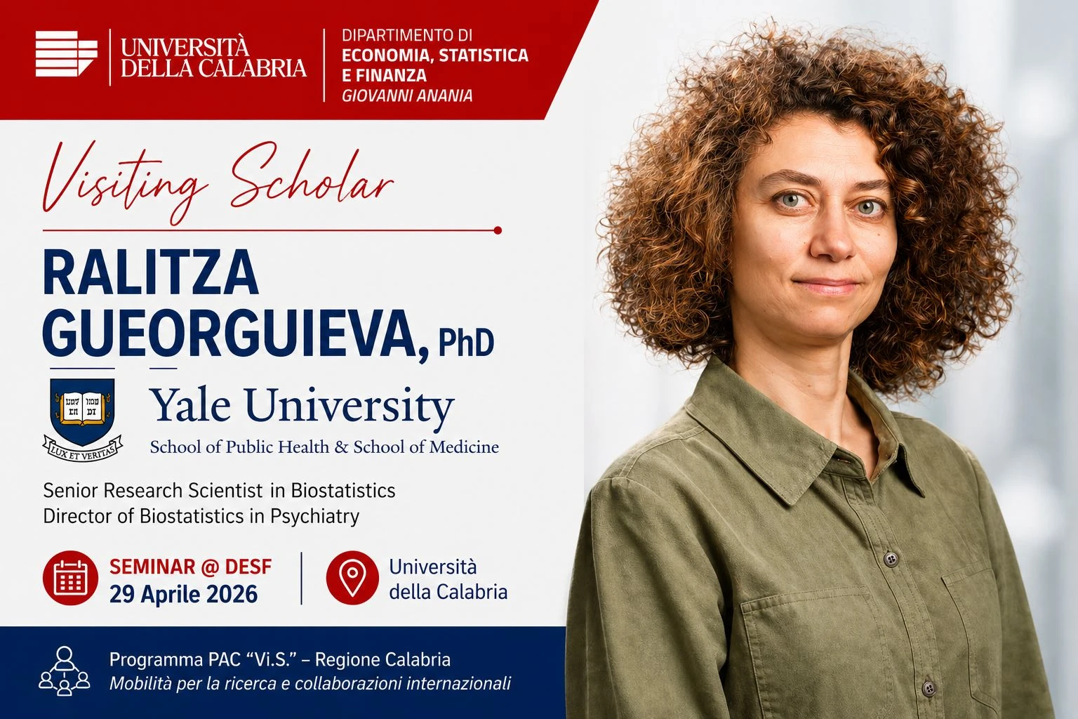 Il DESF ospita Ralitza Gueorguieva di Yale: ricerca internazionale e statistica avanzata all’UniCal