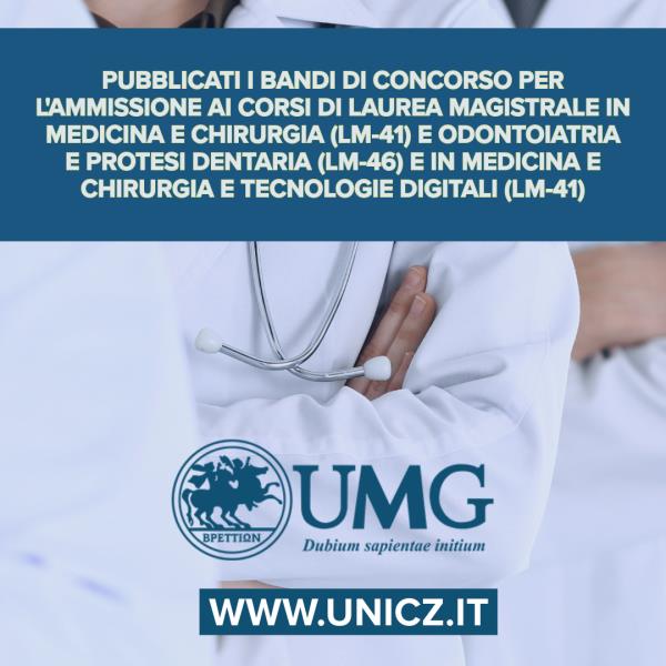 UMG, pubblicati i bandi 2024/2025 per l'ammissione ai Corsi di laurea in Medicina e Chirurgia, Odontoiatria, Medicina e Tecnologie digitali images UMG, pubblicati i bandi 2024/2025 per l'ammissione ai Corsi di laurea in Medicina e Chirurgia, Odontoiatria, Medicina e Tecnologie digitali