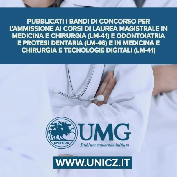 UMG, pubblicati i bandi 2024/2025 per l'ammissione ai Corsi di laurea in Medicina e Chirurgia, Odontoiatria, Medicina e Tecnologie digitali images UMG, pubblicati i bandi 2024/2025 per l'ammissione ai Corsi di laurea in Medicina e Chirurgia, Odontoiatria, Medicina e Tecnologie digitali