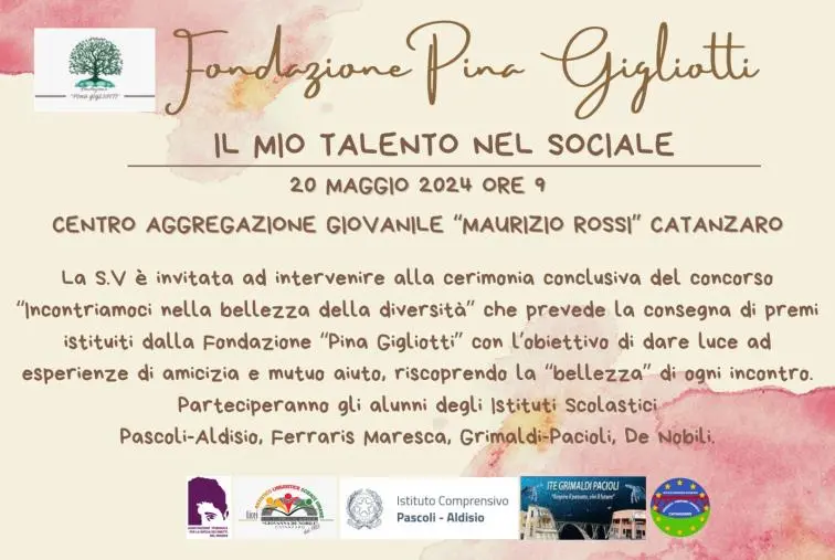 “Incontriamoci nella bellezza della diversità”: al via il concorso organizzato dalla Fondazione Pina Gigliotti a Catanzaro images “Incontriamoci nella bellezza della diversità”: al via il concorso organizzato dalla Fondazione Pina Gigliotti a Catanzaro