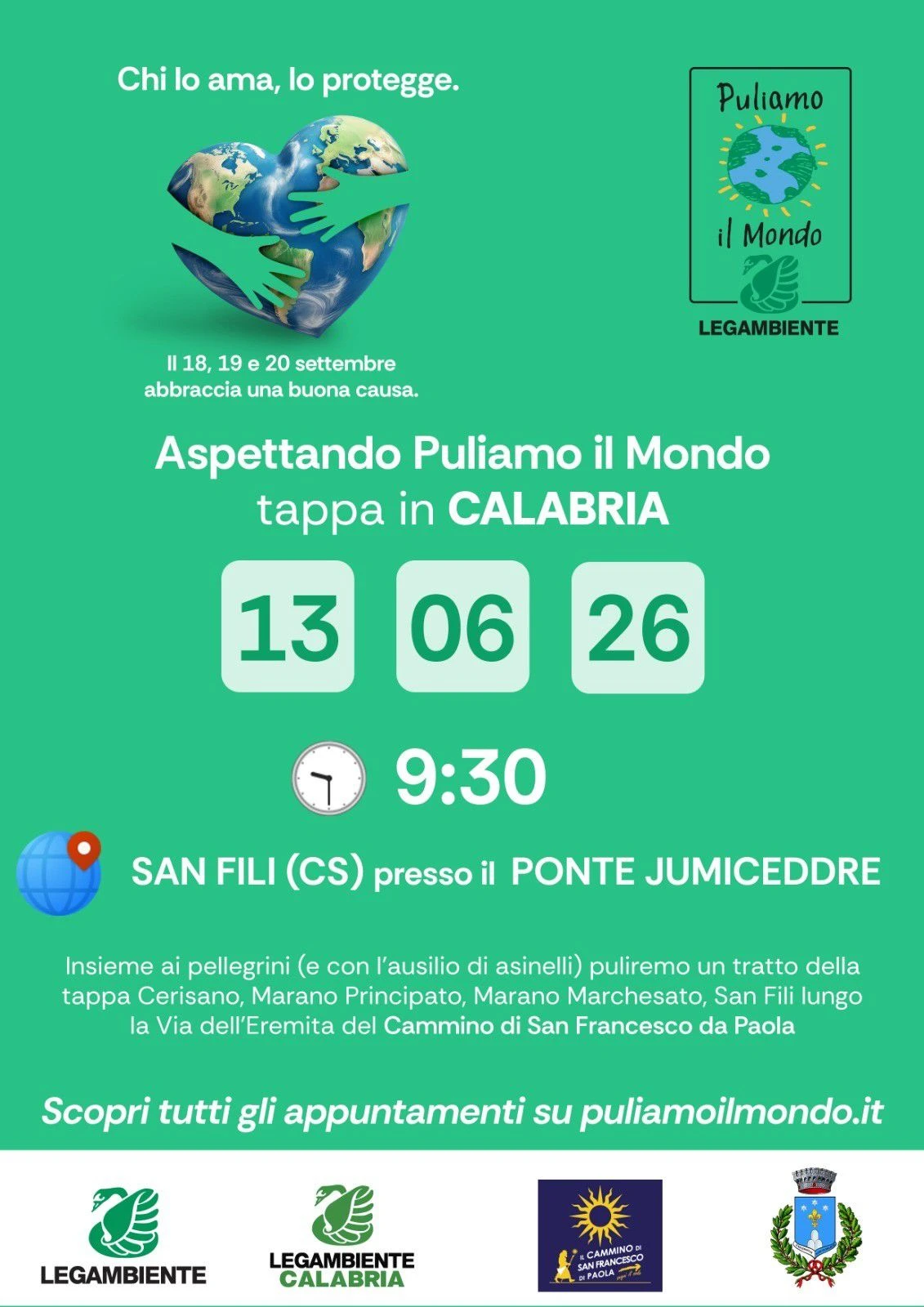 Sabato 13 giugno a San Fili l'anteprima nazionale di Puliamo il Mondo lungo il cammino di San Francesco di Paola
