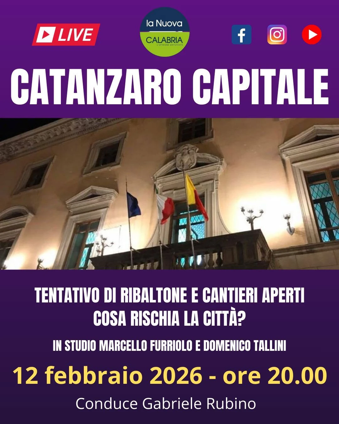 Catanzaro Capitale, Fiorita in bilico: ospiti Furriolo e Tallini (DIRETTA ALLE 20)