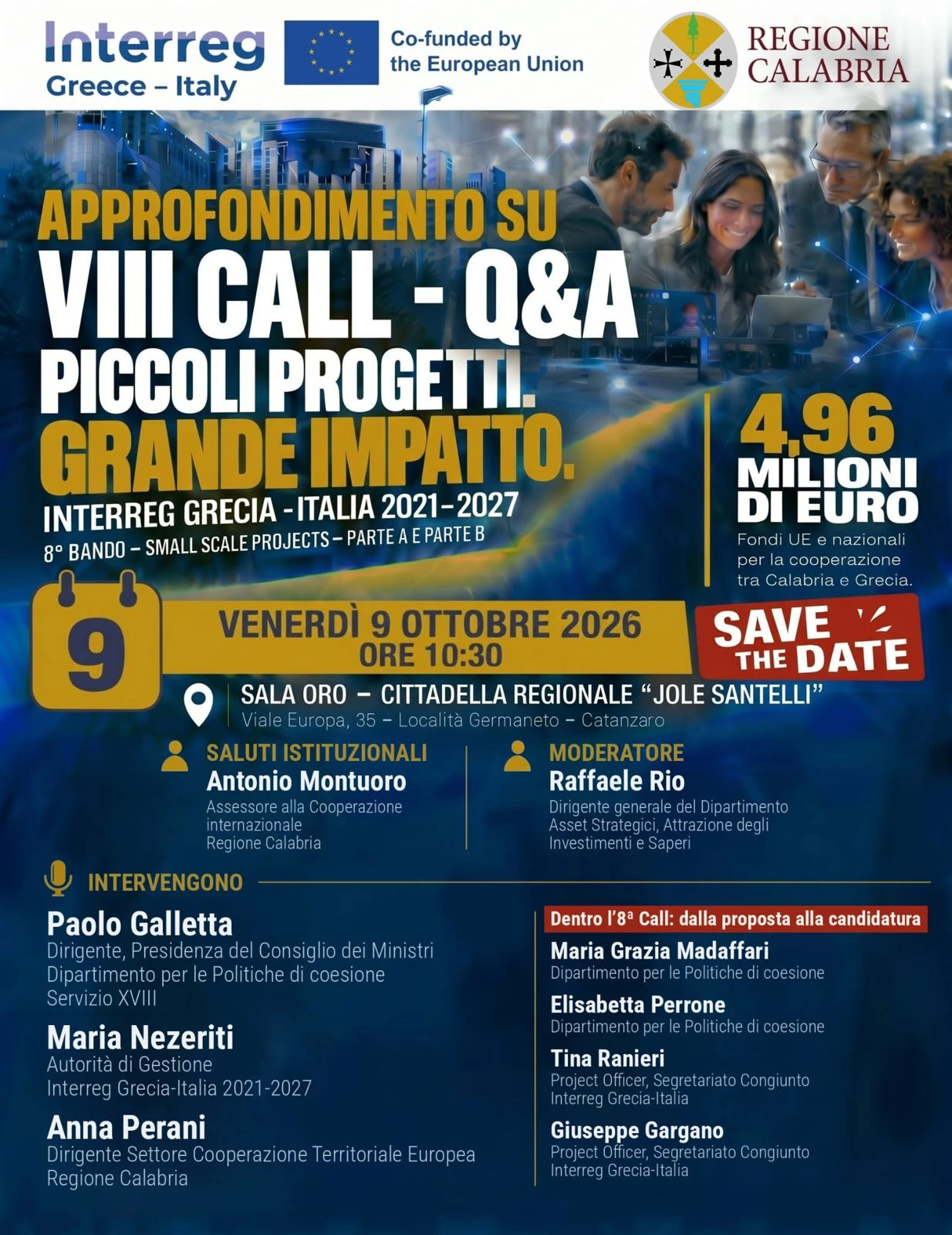 Programma Interreg Italia-Grecia, VIII Call: evento in Cittadella venerdì 9 ottobre con l’assessore Montuoro