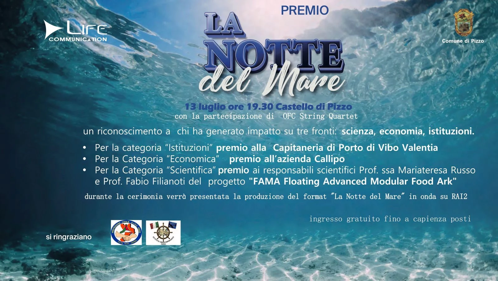 “La Notte del Mare”, al Castello Murat di Pizzo la cerimonia che premia i Custodi del Blu 2026