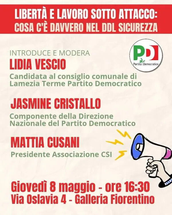 images Lamezia, il PD in piazza l’8 maggio: una giornata tra diritti, cultura e futuro della città

 