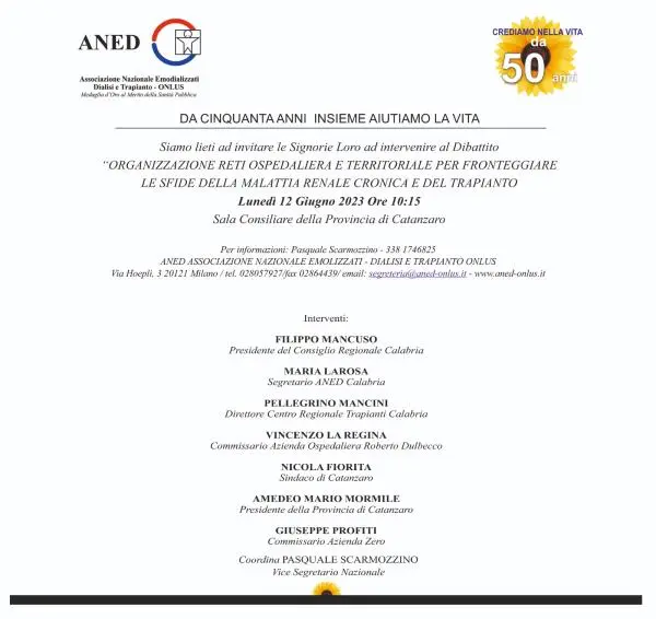 “Le sfide della malattia renale cronica e del trapianto”: se ne parla il 12 giugno a Catanzaro images “Le sfide della malattia renale cronica e del trapianto”: se ne parla il 12 giugno a Catanzaro