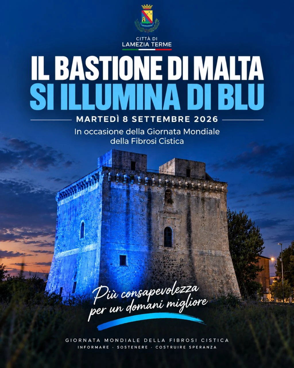 Lamezia, il Bastione di Malta si illumina di blu per la Giornata mondiale della fibrosi cistica  