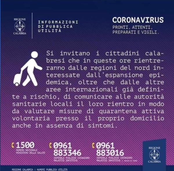 images La Regione Calabria: “Chi torna dal nord lo comunichi alle autorità sanitarie”