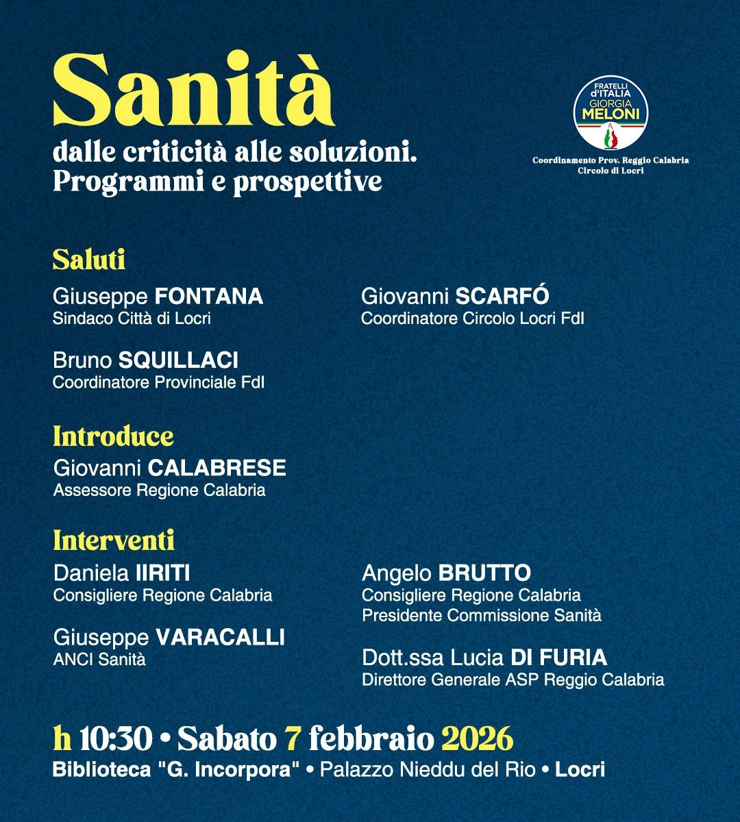 FDI, Sabato a Locri due confronti su sanità e giustizia