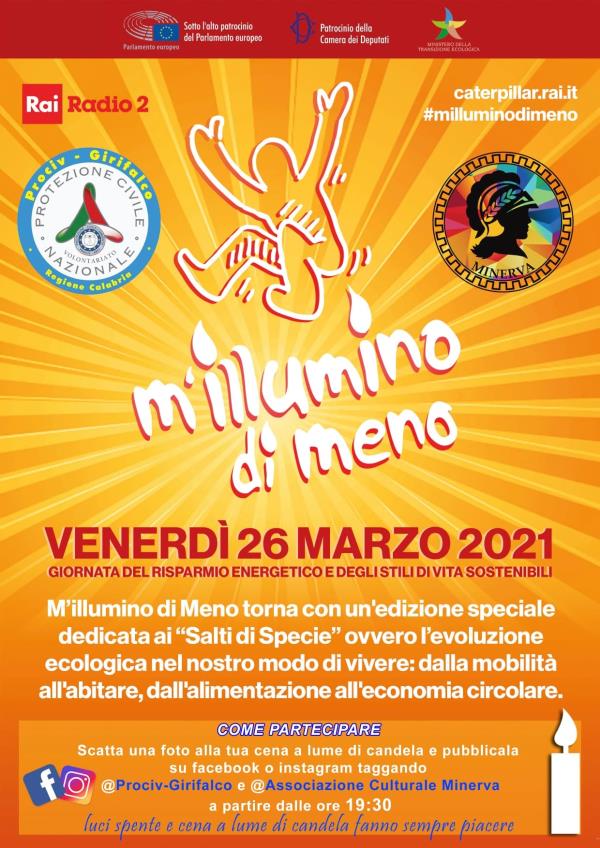 L’associazione culturale Minerva e la Prociv-Girifalco aderiscono alla campagna “M’illumino di Meno” con uno "scatto fotografico" images L’associazione culturale Minerva e la Prociv-Girifalco aderiscono alla campagna “M’illumino di Meno” con uno "scatto fotografico"