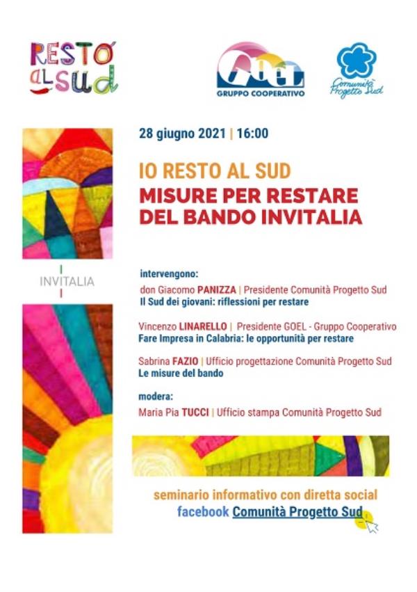 Una misura per restare, il bando "Resto al Sud" di Invitalia: seminario informativo e diretta facebook @CPS Lamezia images Una misura per restare, il bando "Resto al Sud" di Invitalia: seminario informativo e diretta facebook @CPS Lamezia