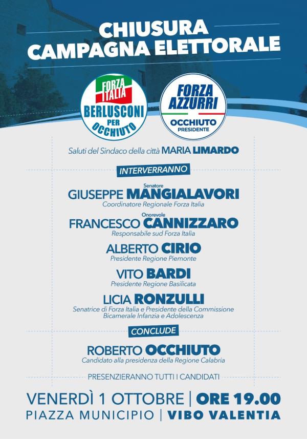 Regionali, domani a Vibo Valentia Forza Italia e Forza azzurri chiudono la campagna elettorale con Occhiuto images Regionali, domani a Vibo Valentia Forza Italia e Forza azzurri chiudono la campagna elettorale con Occhiuto