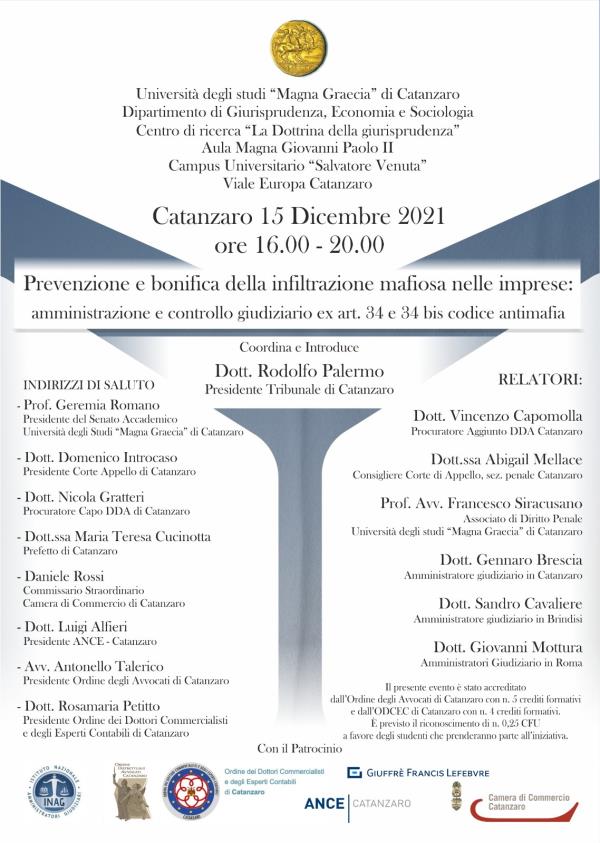 images “Prevenzione e bonifica della infiltrazione mafiosa nelle imprese": domani all'Umg di Catanzaro tavolo di confronto con gli esperti 