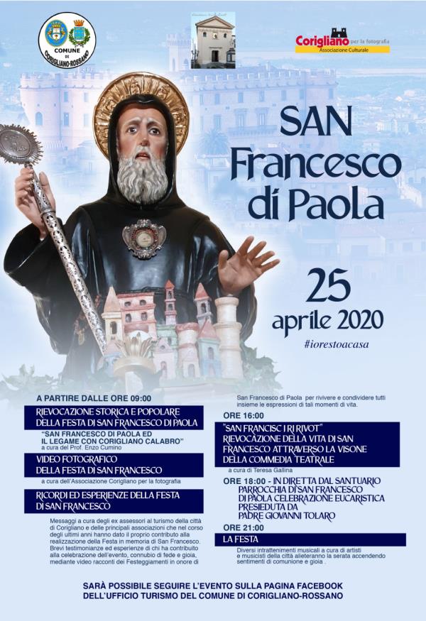 Coronavirus. La pandemia non ferma le tradizioni a Corigliano Rossano. Oggi e domani le celebrazione per S. Marco e S. Francesco in diretta sui social images Coronavirus. La pandemia non ferma le tradizioni a Corigliano Rossano. Oggi e domani le celebrazione per S. Marco e S. Francesco in diretta sui social