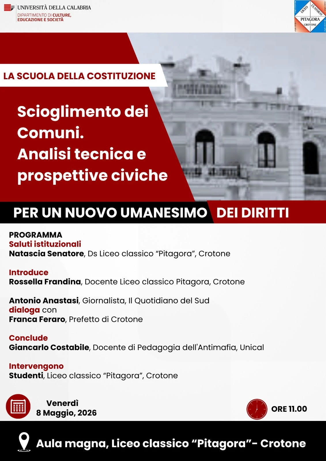 "La scuola della Costituzione": a Crotone un’analisi tecnica e civile sullo scioglimento dei Comuni
