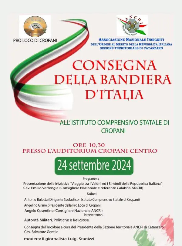 Cropani, martedì 24 settembre la bandiera italiana sarà consegnata agli studenti dell'Istituto comprensivo images Cropani, martedì 24 settembre la bandiera italiana sarà consegnata agli studenti dell'Istituto comprensivo