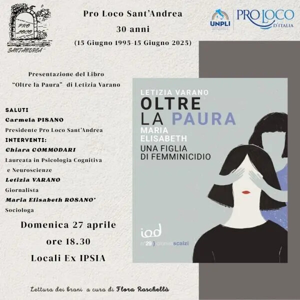 "Oltre la paura: una figlia di femminicidio": il 27 aprile il libro di Letizia Varano a Sant'Andrea images "Oltre la paura: una figlia di femminicidio": il 27 aprile il libro di Letizia Varano a Sant'Andrea