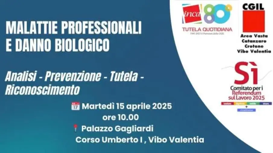 images “Malattie professionali e danno biologico”: domani a Vibo un convegno su analisi, prevenzione, tutela e riconoscimento