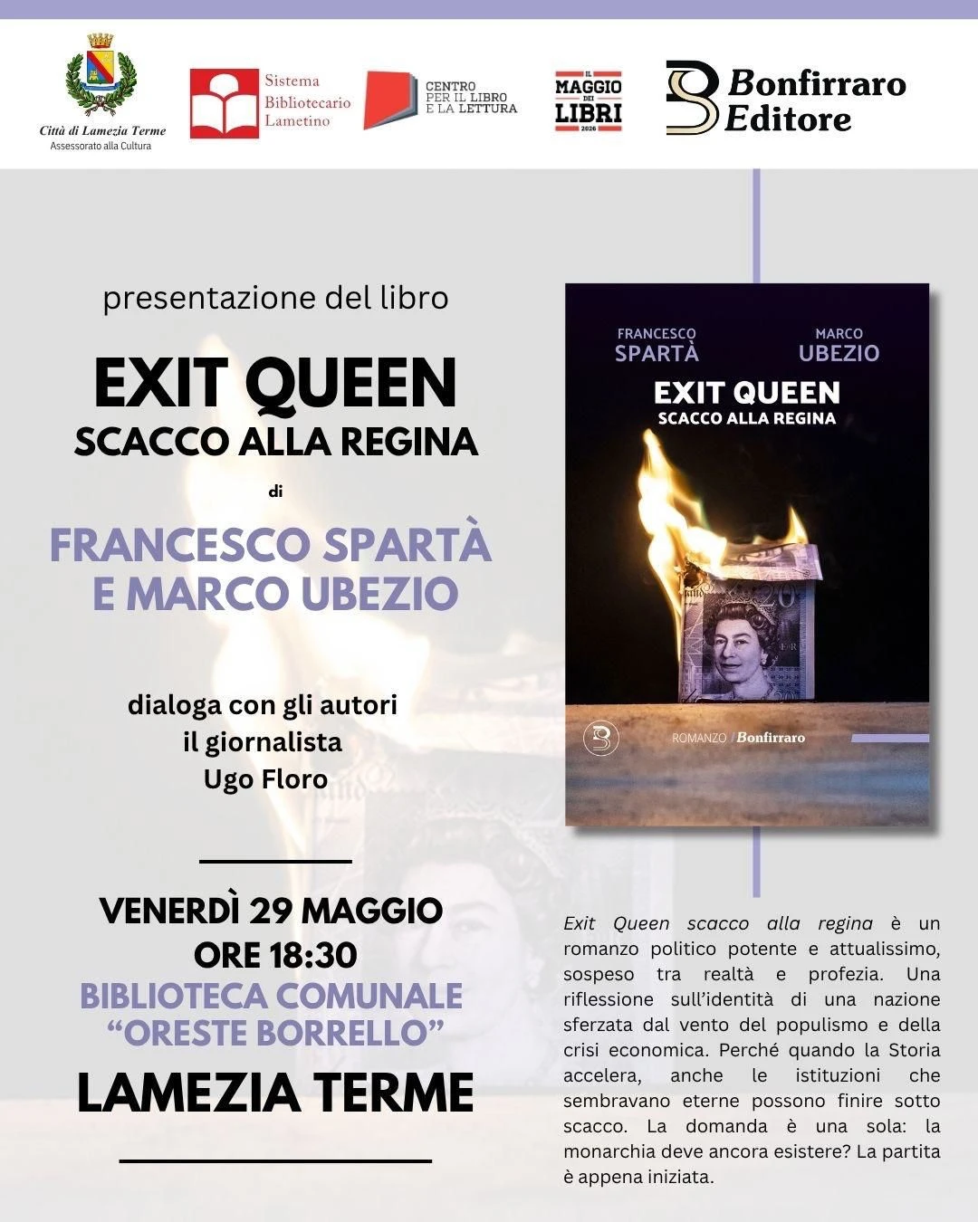 Lamezia, Spartà e Ubezio presentano " Exit Queen-Scacco alla Regina": riflessione narrativa tra monarchia e storia contemporanea 