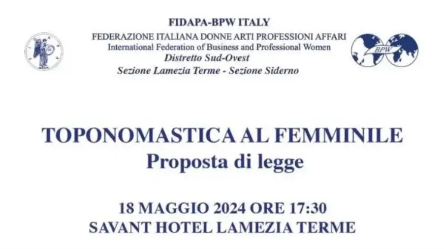 "Toponomastica al femminile”: la Fidapa presenta una proposta di legge a Lamezia images "Toponomastica al femminile”: la Fidapa presenta una proposta di legge a Lamezia