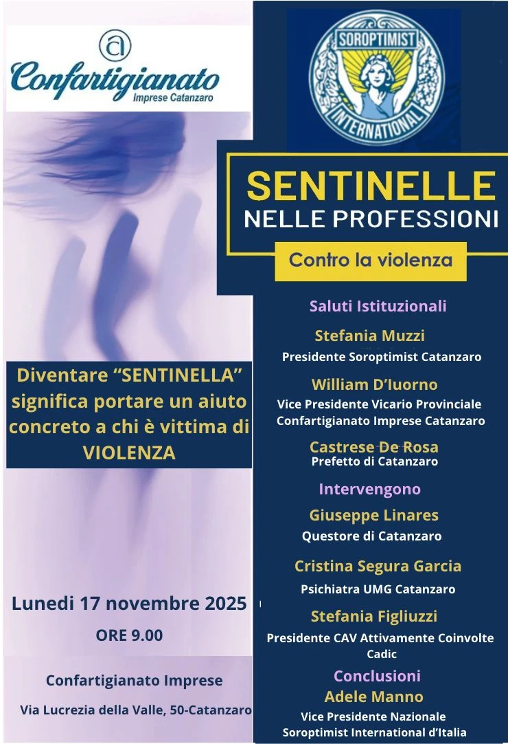Sentinelle nelle professioni: Soroptimist e Confartigianato Imprese Catanzaro insieme contro la violenza di genere