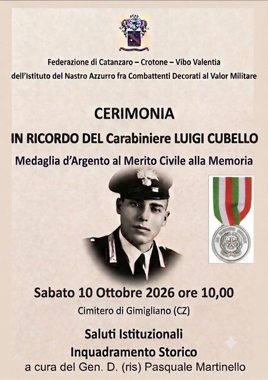 Gimigliano rende omaggio a Luigi Cubello, il carabiniere vittima della strage di Pratarelle