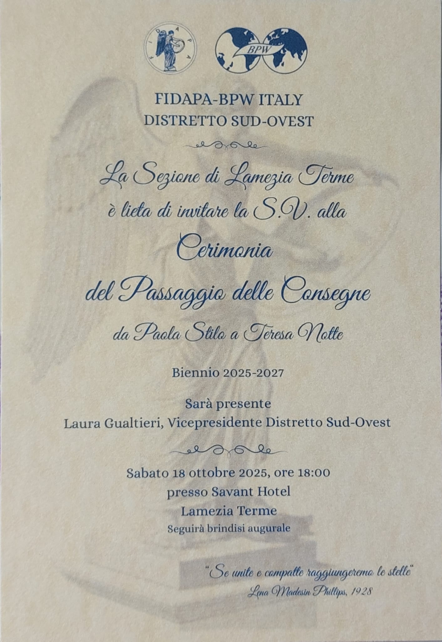 Fidapa Lamezia: sabato 18 ottobre la Cerimonia del Passaggio delle Consegne