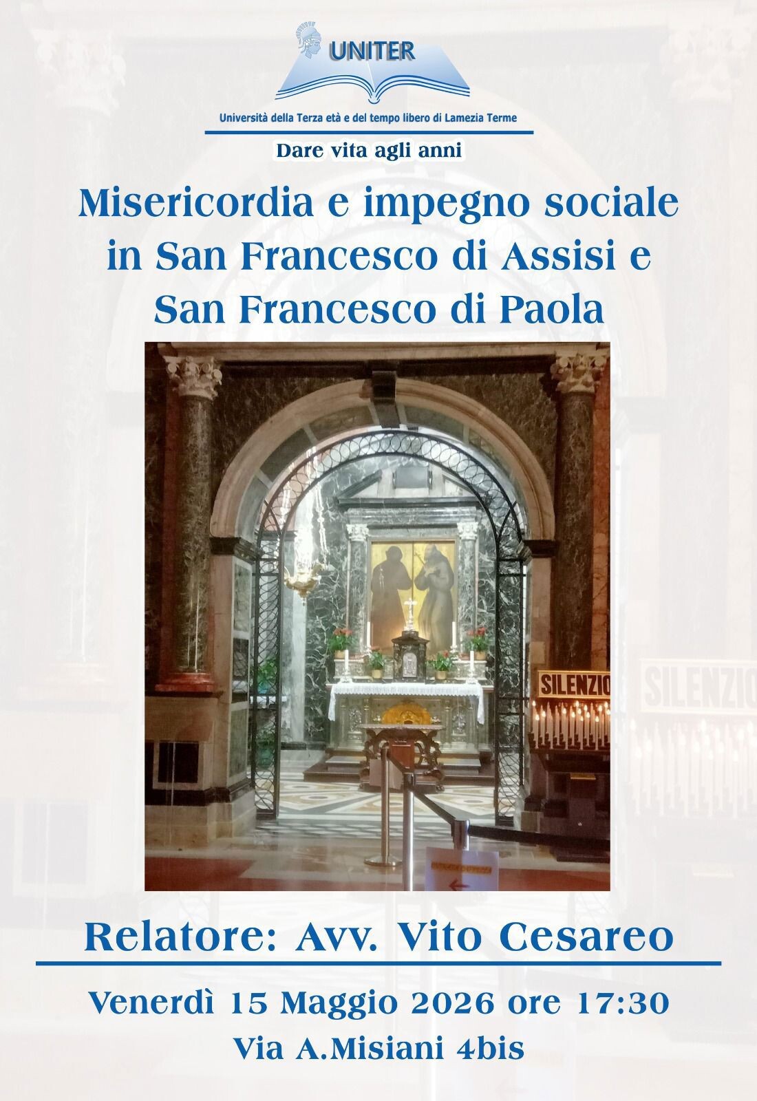 images Lamezia, il 15 maggio l'incontro Uniter su "Misericordia e impegno sociale in San Francesco d'Assisi e di Paola"