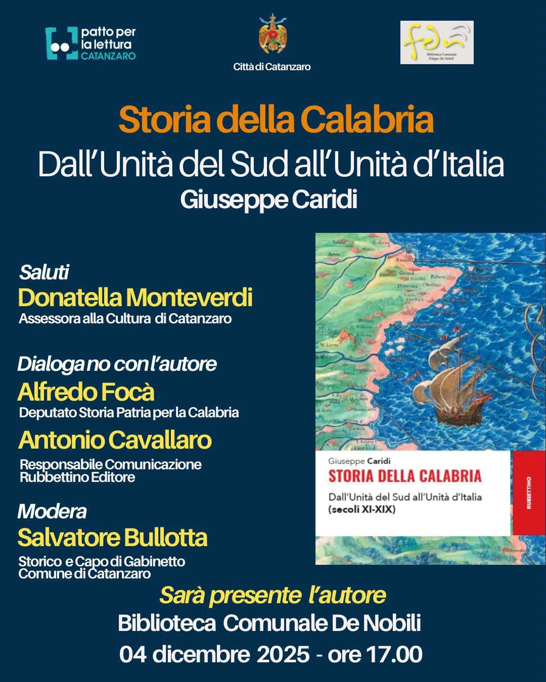 Catanzaro, in Biblioteca la presentazione di “Storia della Calabria. Dall’Unità del Sud all’Unità d’Italia” di Giuseppe Caridi 