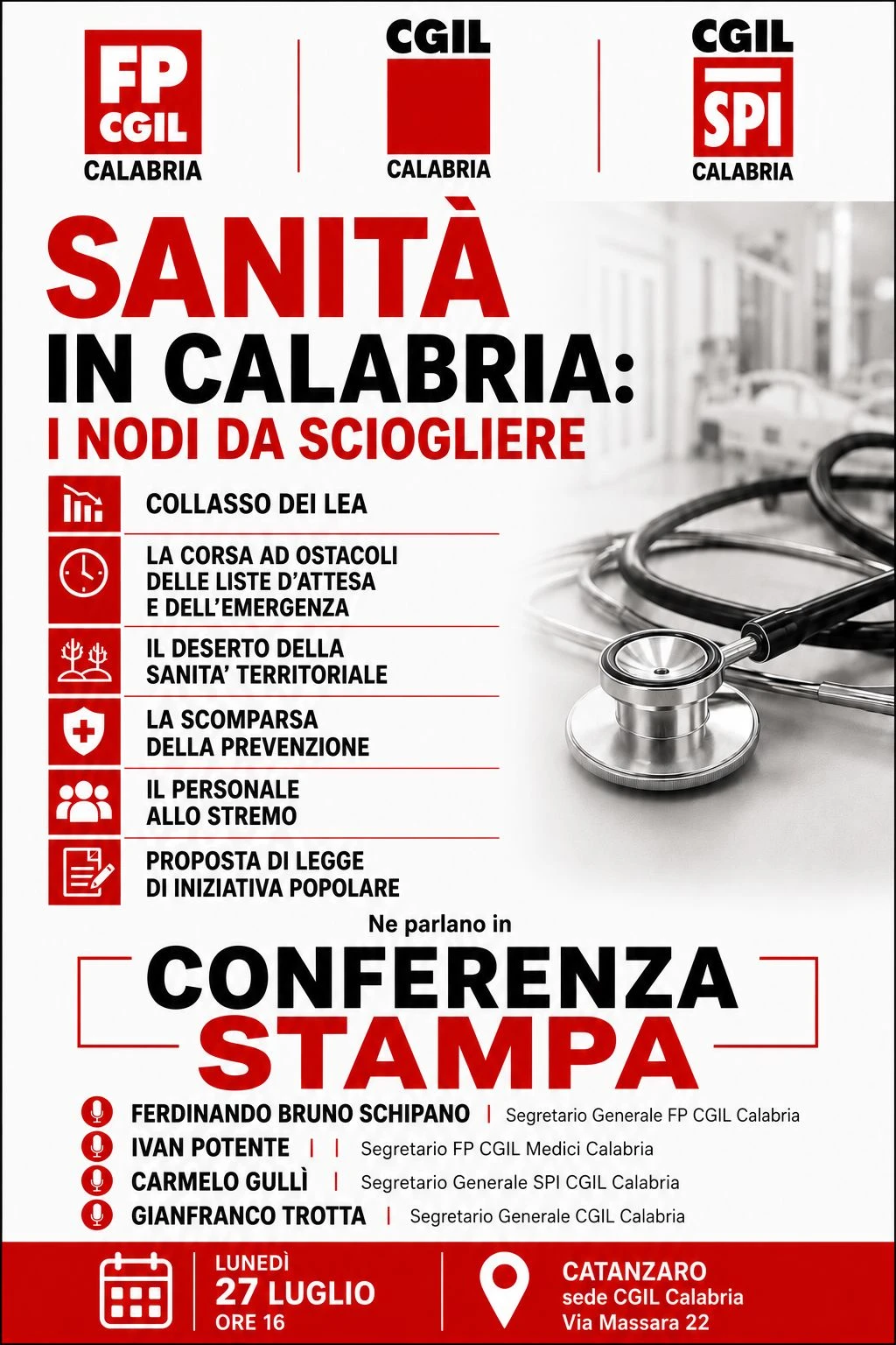 "La sanità in Calabria: i nodi da sciogliere", lunedì la conferenza stampa della CGIL