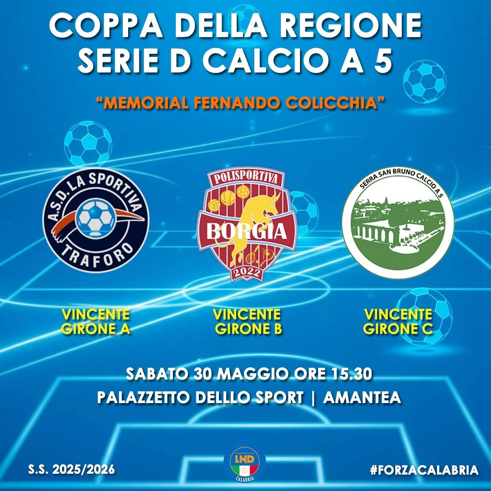 Calcio a 5 , a Catanzaro in palio il Trofeo Coppa della Regione Serie D "Memorial Fernando Colicchia"