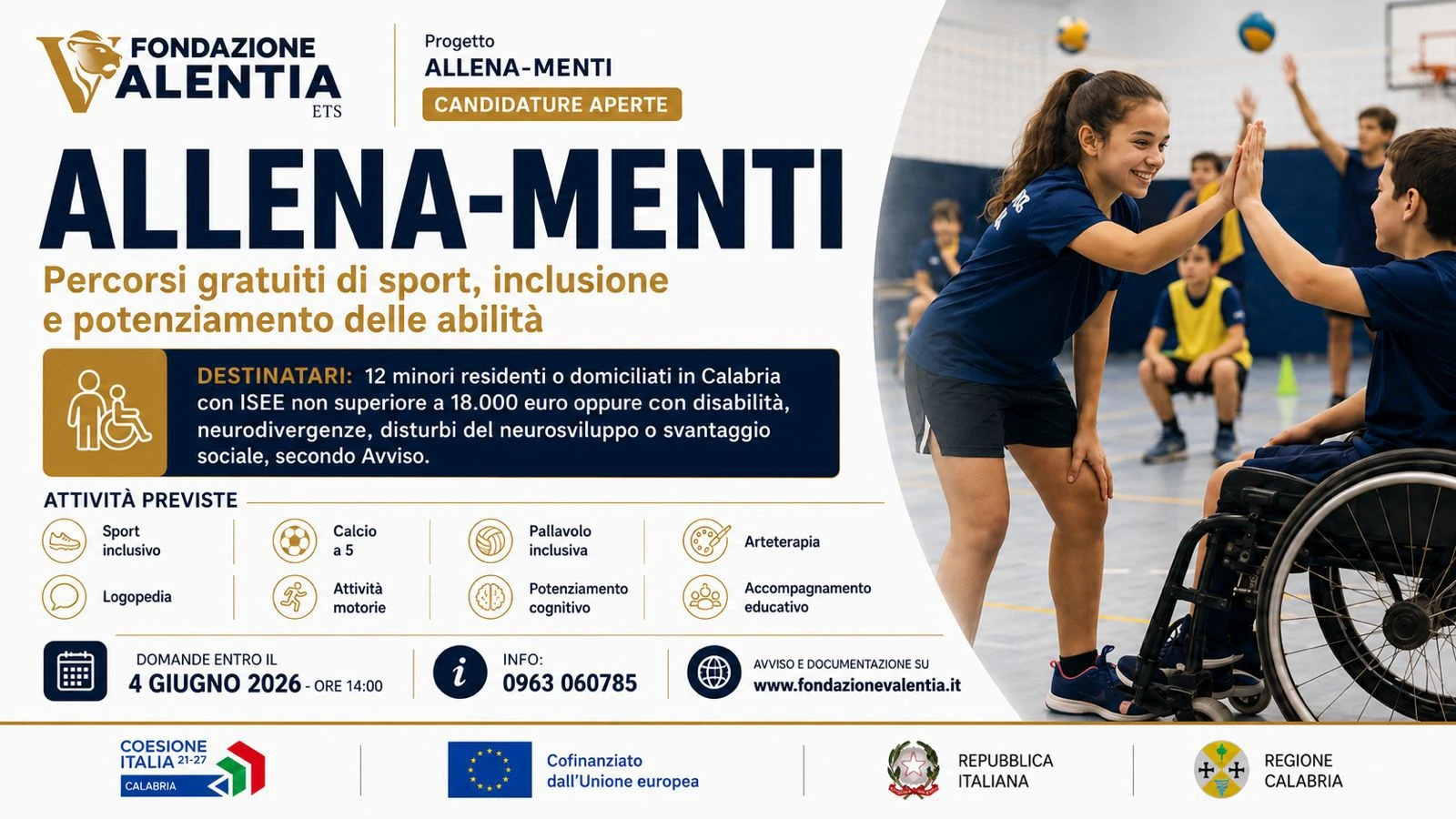 Sport inclusivo, arteterapia, logopedia: fino al 4 giugno le candidature per 12 minori residenti o domiciliati in Calabria