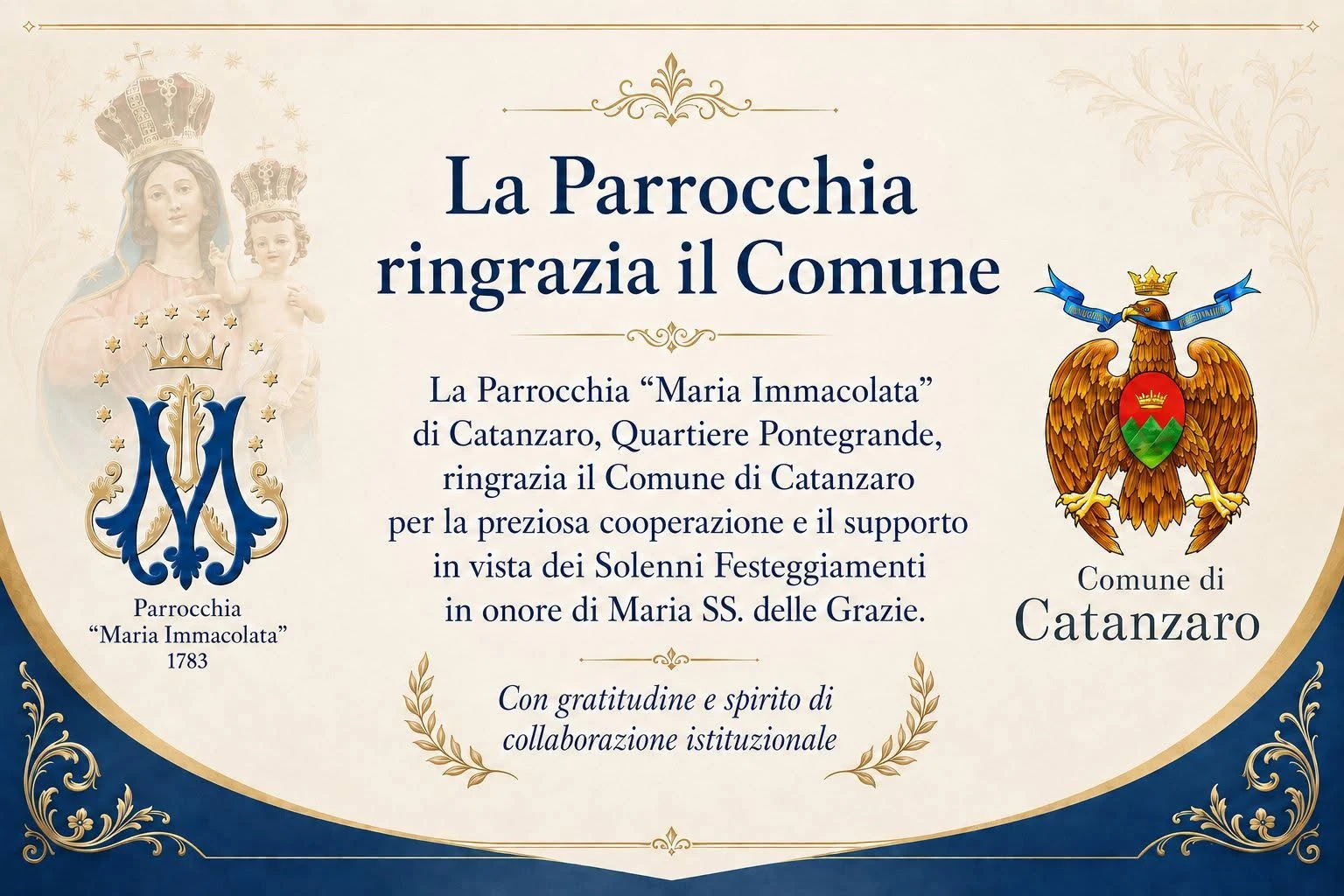Festa di Maria SS. delle Grazie a Pontegrande, la Parrocchia ringrazia il Comune di Catanzaro per la collaborazione 