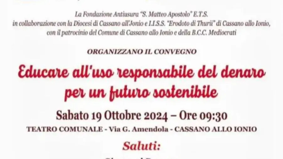 Educare all’uso responsabile del denaro per un futuro sostenibile: a Cassano l'evento formativo images Educare all’uso responsabile del denaro per un futuro sostenibile: a Cassano l'evento formativo