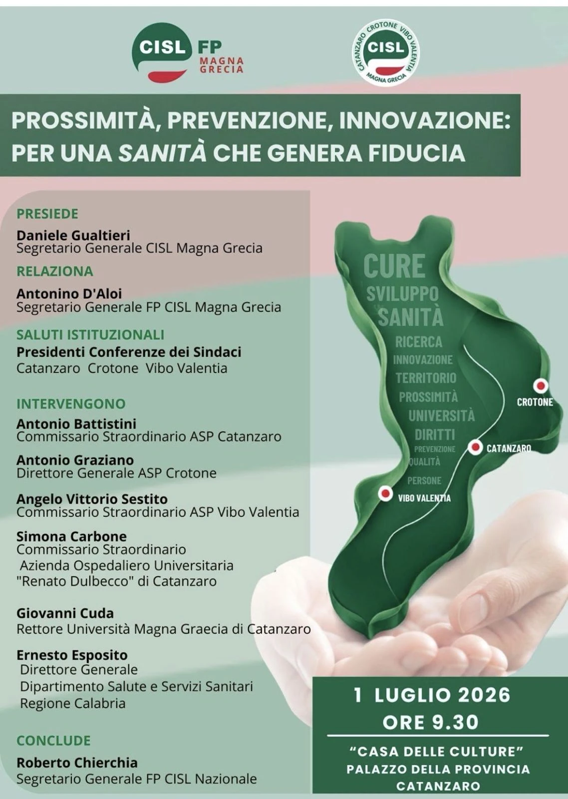 Cisl e Cisl Fp Magna Grecia promuovono a Catanzaro un incontro dedicato alla sanità 