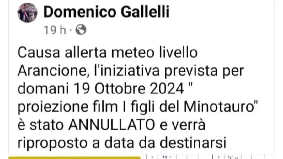 Maltempo, annullata a Zagarise la proiezione del film "Figli del Minotauro / Storie di uomini" e animali" images Maltempo, annullata a Zagarise la proiezione del film "Figli del Minotauro / Storie di uomini" e animali"