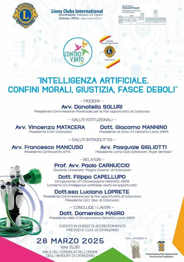 images Catanzaro, “IA. Confini morali, giustizia, fasce deboli” nel convegno di Controvento e Lions Club “Rupe Ventosa” 