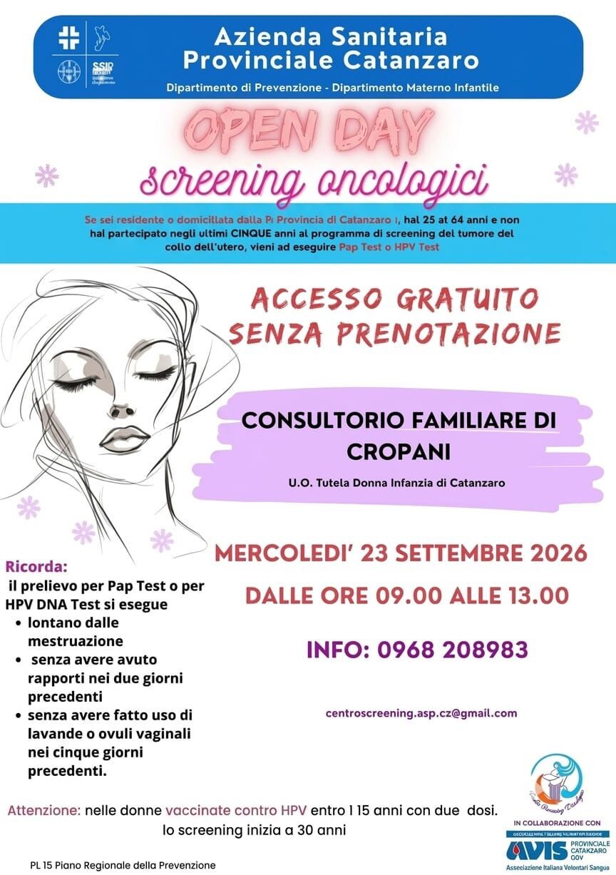 Cropani, domani l'Open Day dedicato agli screening oncologici images Cropani, domani l'Open Day dedicato agli screening oncologici