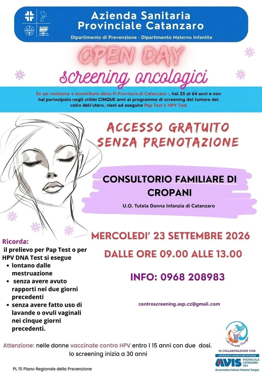 Cropani, domani l'Open Day dedicato agli screening oncologici
