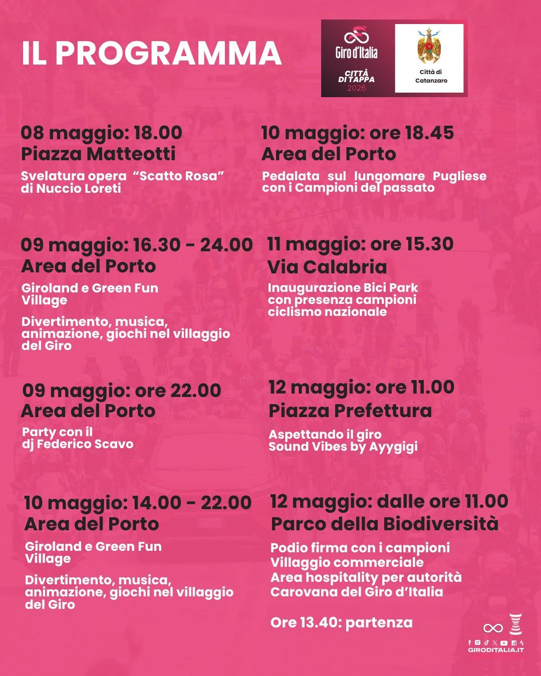 Catanzaro si prepara a vivere la grande festa del Giro d’Italia: si parte sabato 9 maggio con l'inaugurazione del villaggio nell'area del porto 