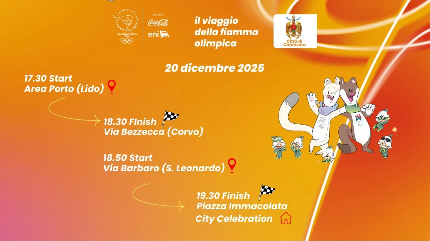 Sabato 20 dicembre la Fiamma Olimpica attraverserà Catanzaro dalla marina al centro