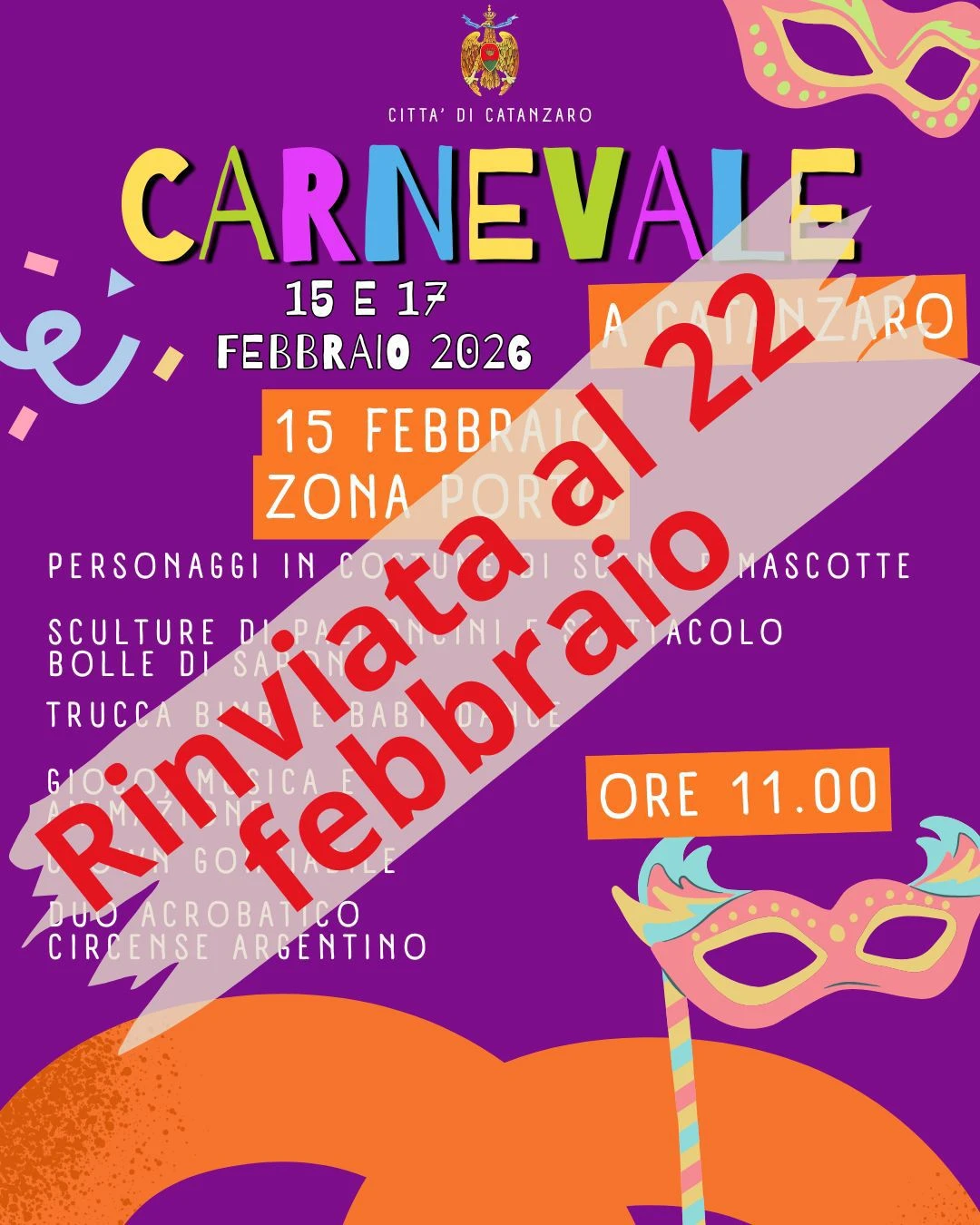 Maltempo a Catanzaro, rinviati gli eventi di Carnevale