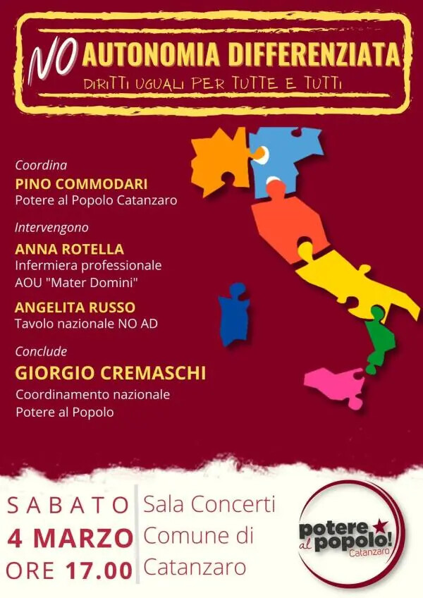 images No all’autonomia differenziata, "Fermiamo la secessione dei ricchi": se ne parla il 4 marzo a Catanzaro