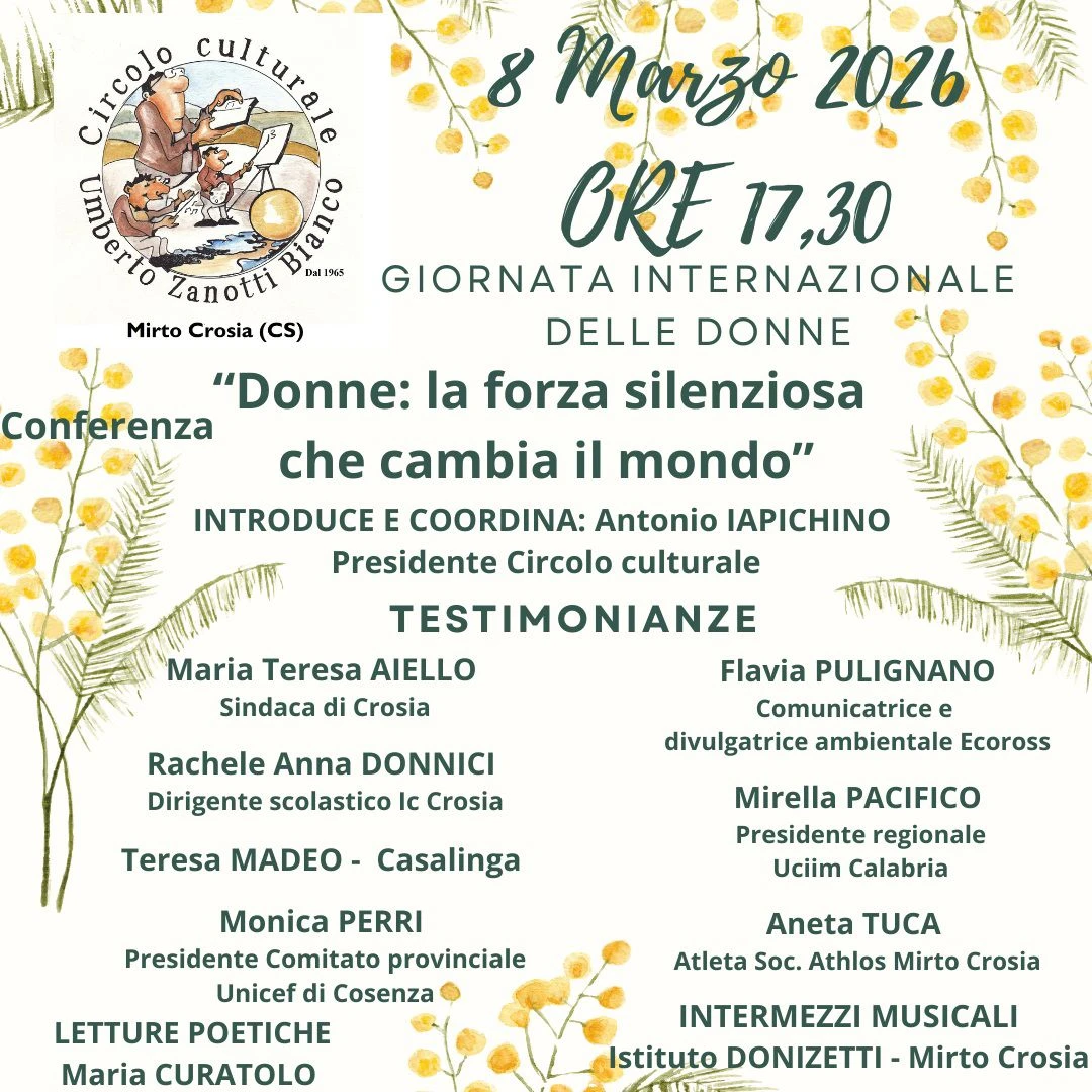 Giornata donne, l’8 marzo una conferenza nel Circolo culturale di Mirto Crosia