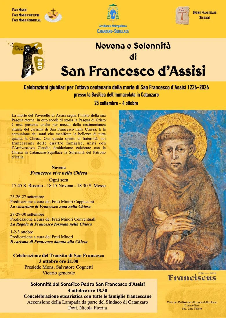 San Francesco, 8 secoli di fraternità: a Catanzaro le celebrazioni per gli 800 anni dalla morte del Poverello d’Assisi