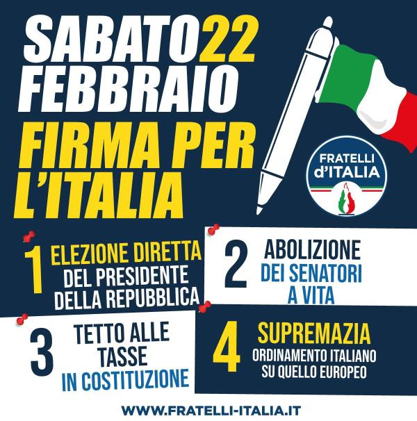 Parte la raccolta firme di Fratelli d'Italia: elezione diretta del Presidente della Repubblica, tetto alle tasse, prima l'ordinamento italiano e via i senatori a vita images Parte la raccolta firme di Fratelli d'Italia: elezione diretta del Presidente della Repubblica, tetto alle tasse, prima l'ordinamento italiano e via i senatori a vita