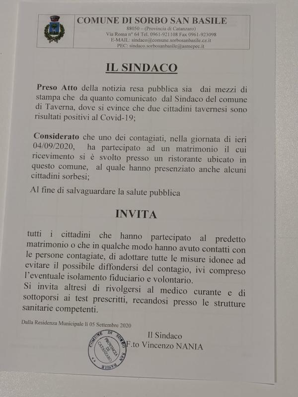 Il positivo di Taverna ospite di un matrimonio a Sorbo San Basile: il sindaco Nania sollecita la quarantena per tutti images Il positivo di Taverna ospite di un matrimonio a Sorbo San Basile: il sindaco Nania sollecita la quarantena per tutti