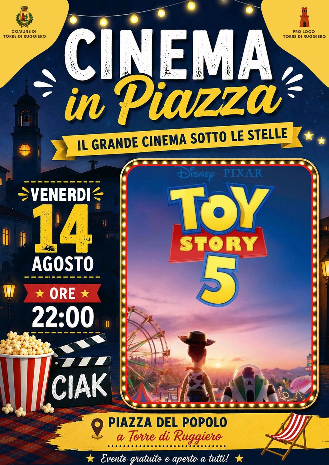 Torre di Ruggiero, stasera il cinema sotto le stelle: in Piazza del Popolo arriva “Toy Story 5”