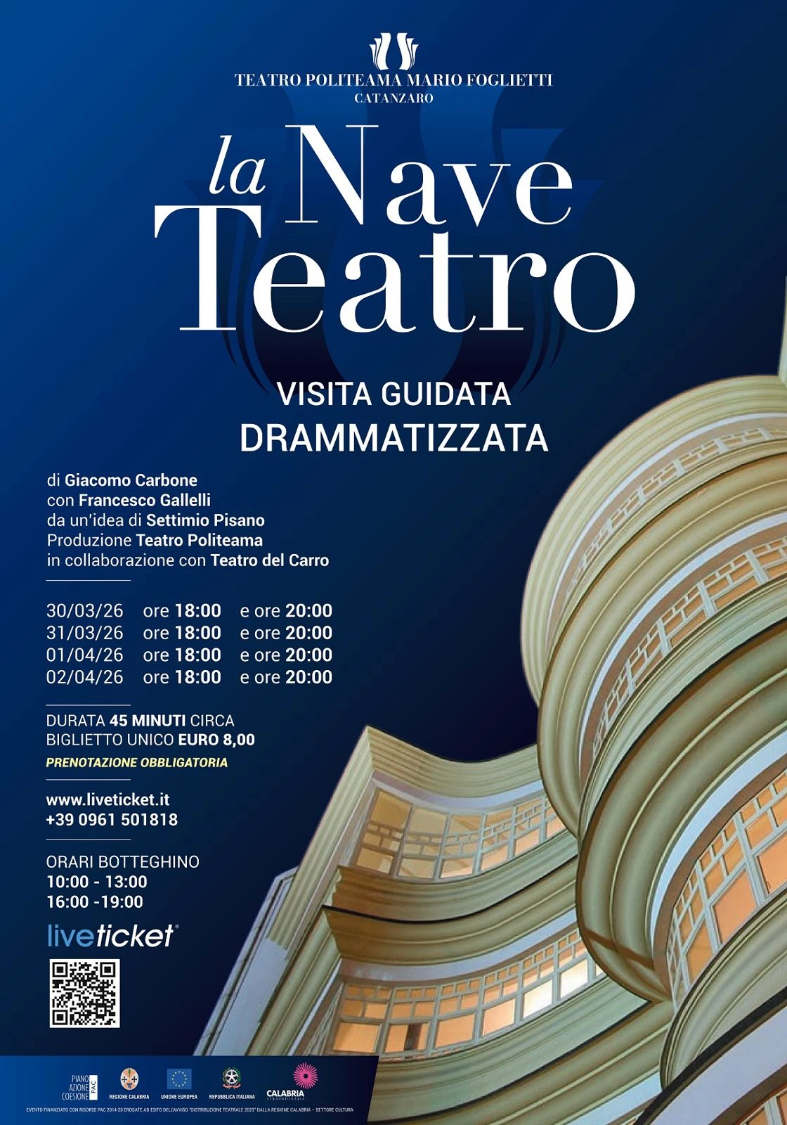"La nave teatro", al Politeama di Catanzaro tornano le visite guidate drammatizzate dal 30 marzo al 2 aprile