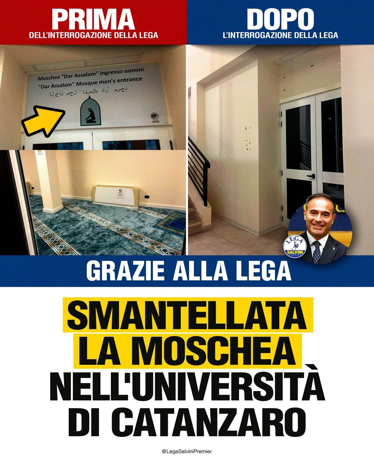 L'annuncio della Lega sui social: "Smantellata la moschea all'UMG di Catanzaro" 